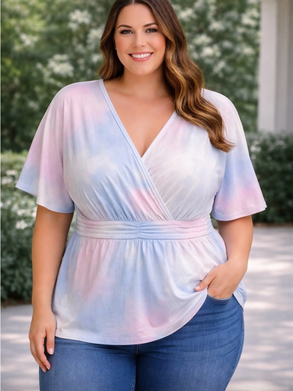 Plus Size Pastel Tie-Dye Wrap Front Top 2x